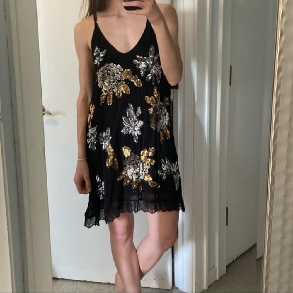Free People black slip dress with sequin roses